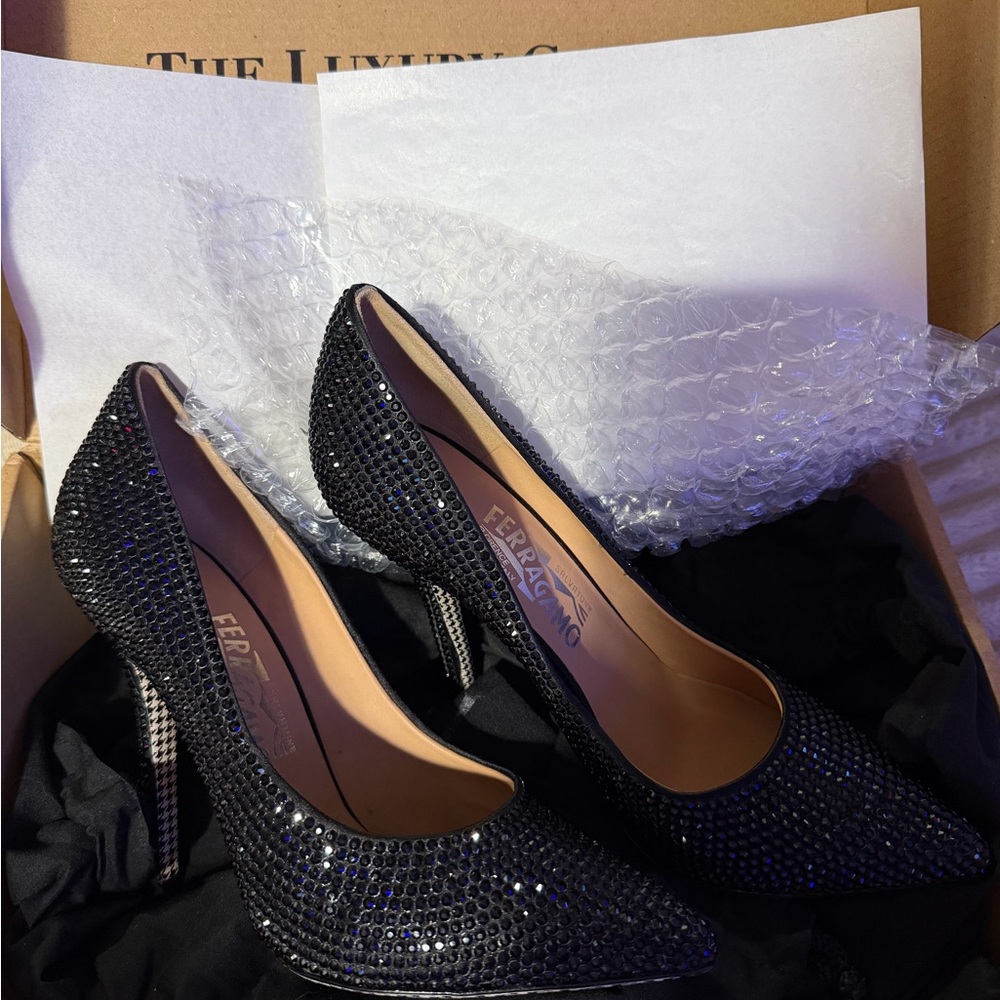 Salvatore Ferragamo Black Crystal Embellished Pointed-Toe Heels